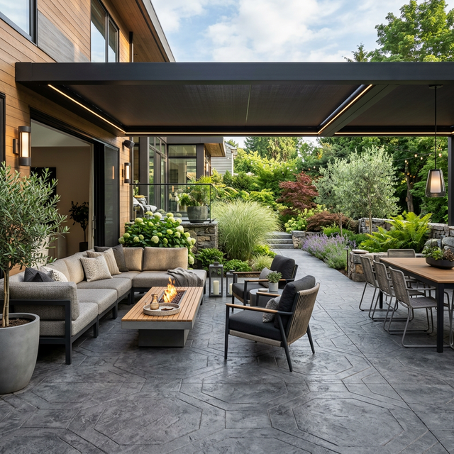 Terraza moderna con hormigón impreso gris